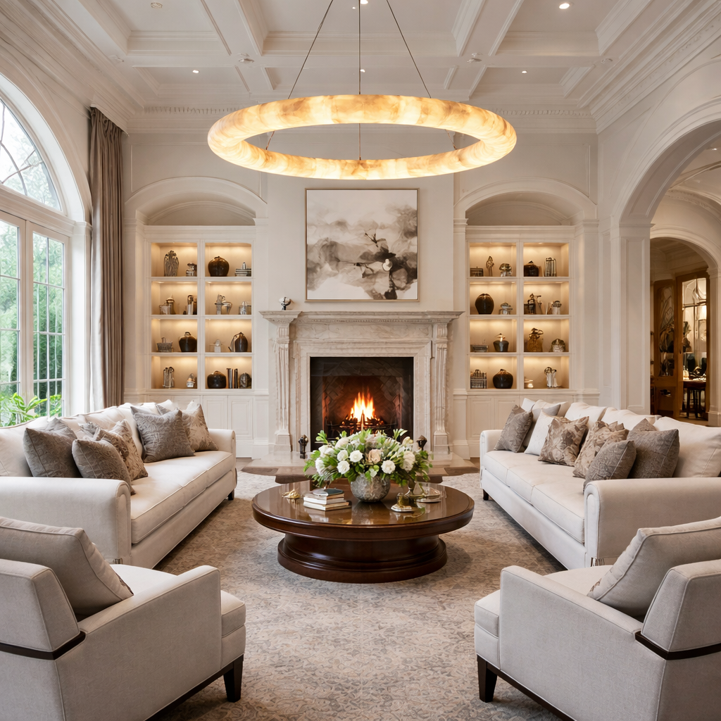 Rigede Lisse Round Chandelier with Alabaster Shade