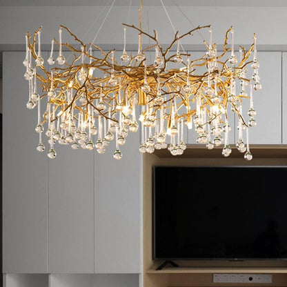 Arcadia Branch Brass Crystal Teardrop Chandelier Gold 31" 39"