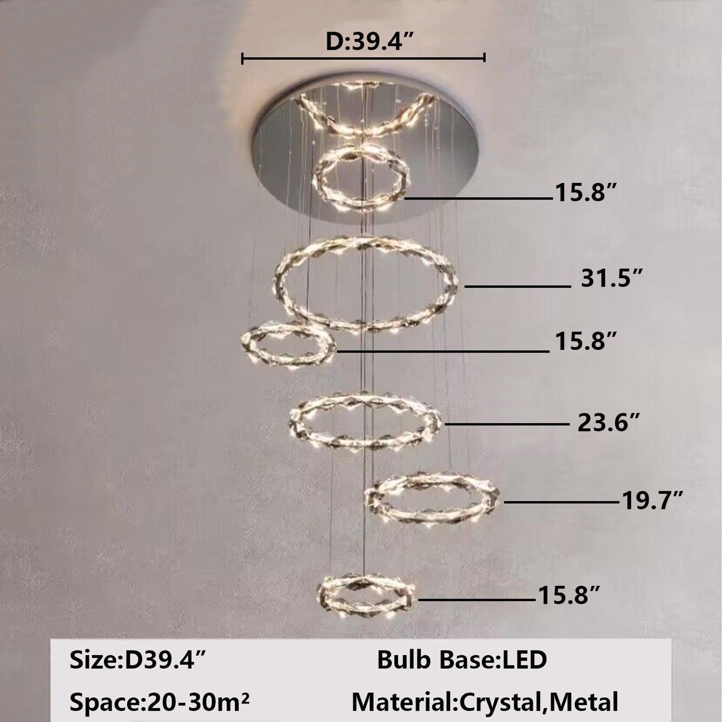 Oversized Multi-Tiered Rings Crystal Chandelier Modern Clear and Grey Crystal Ceiling Light Fixture For Staircase/Foyer/Hallway/Entryway