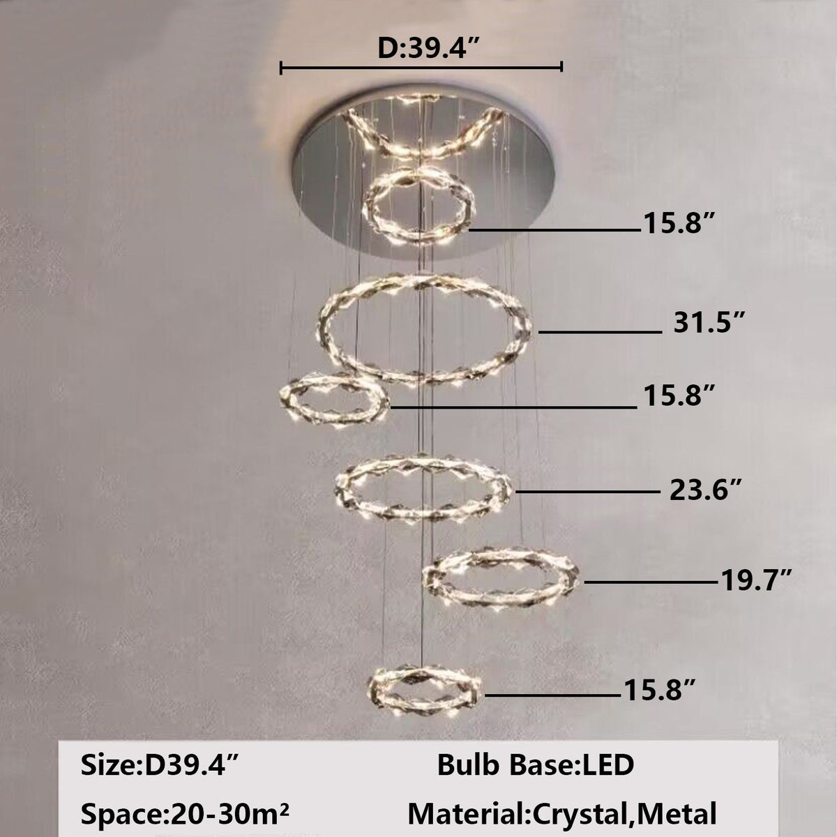 Oversized Multi-Tiered Rings Crystal Chandelier Modern Clear and Grey Crystal Ceiling Light Fixture For Staircase/Foyer/Hallway/Entryway