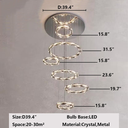 Oversized Multi-Tiered Rings Crystal Chandelier Modern Clear and Grey Crystal Ceiling Light Fixture For Staircase/Foyer/Hallway/Entryway