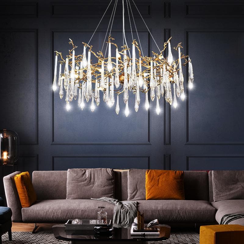 TLL Arcadia Branch Postmodern Long Teardrop Brass Chandelier Gold