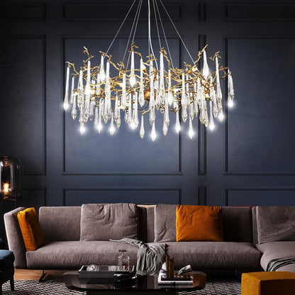 TLL Arcadia Branch Postmodern Long Teardrop Brass Chandelier Gold