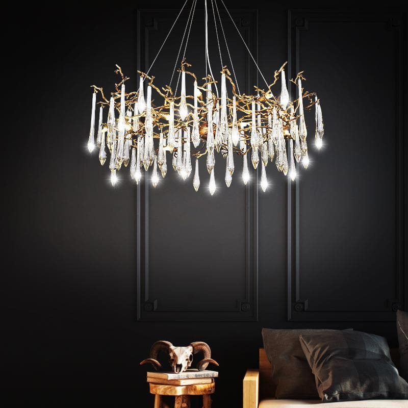 TLL Arcadia Branch Postmodern Long Teardrop Brass Chandelier Gold
