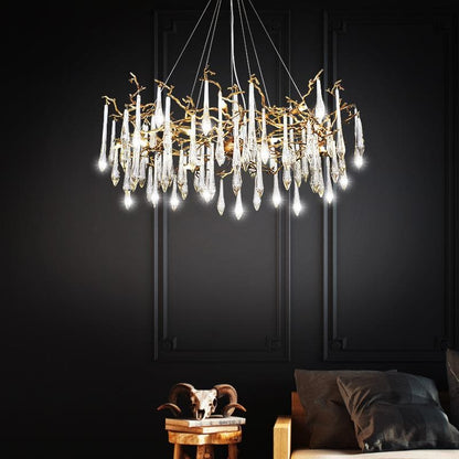 TLL Arcadia Branch Postmodern Long Teardrop Brass Chandelier Gold