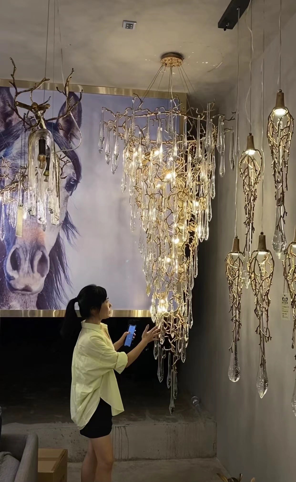 Modern Oversized Luxury Copper Crystal Long Crystal Branch Air Bubble Drop Staircase Light fixture