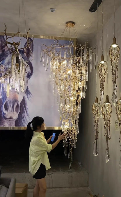 Modern Oversized Luxury Copper Crystal Long Crystal Branch Air Bubble Drop Staircase Light fixture