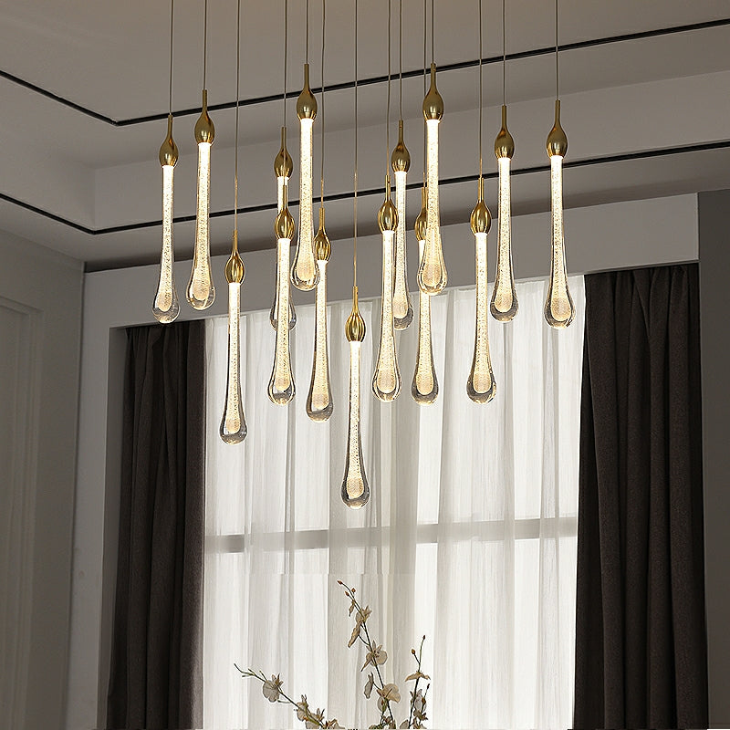 Foyer Glass Drops Pendant Chandelier Spiral Staircase High Ceiling Light Fixture In Gold Finish