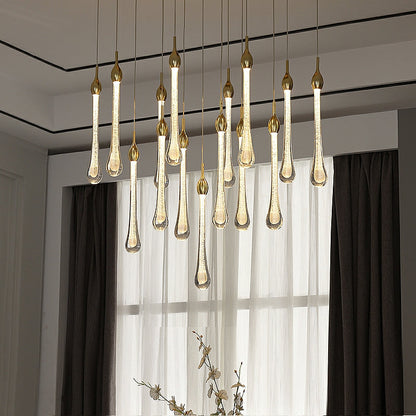 Foyer Glass Drops Pendant Chandelier Spiral Staircase High Ceiling Light Fixture In Gold Finish