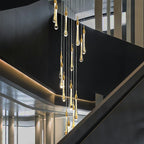 Foyer Glass Drops Pendant Chandelier Spiral Staircase High Ceiling Light Fixture In Gold Finish