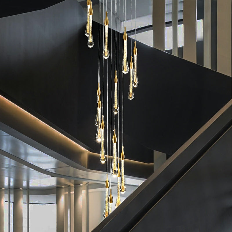 Foyer Glass Drops Pendant Chandelier Spiral Staircase High Ceiling Light Fixture In Gold Finish
