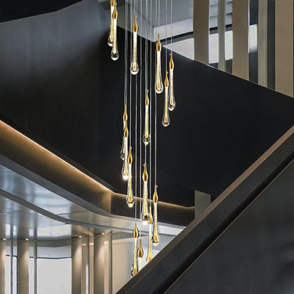 Foyer Glass Drops Pendant Chandelier Spiral Staircase High Ceiling Light Fixture In Gold Finish