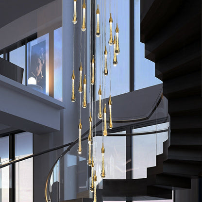Foyer Glass Drops Pendant Chandelier Spiral Staircase High Ceiling Light Fixture In Gold Finish