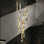Foyer Glass Drops Pendant Chandelier Spiral Staircase High Ceiling Light Fixture In Gold Finish