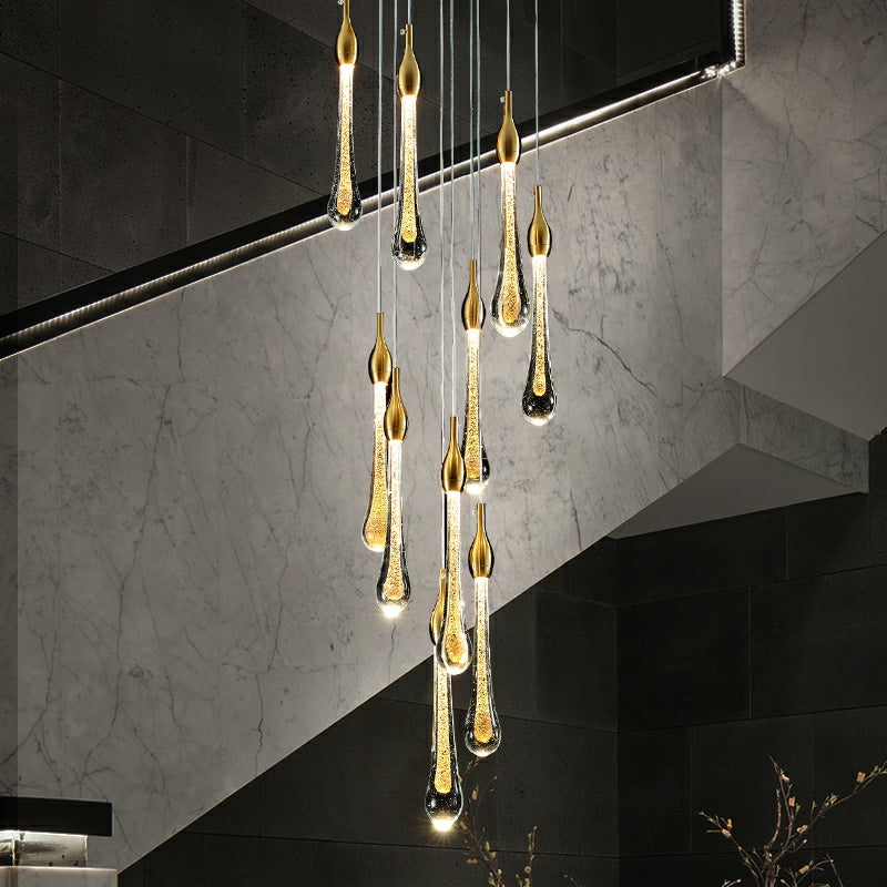 Foyer Glass Drops Pendant Chandelier Spiral Staircase High Ceiling Light Fixture In Gold Finish