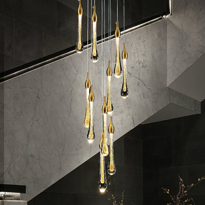 Foyer Glass Drops Pendant Chandelier Spiral Staircase High Ceiling Light Fixture In Gold Finish