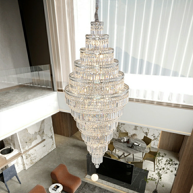Chrome Extra Large Crystal Chandelier for Foyer Staircase Living Room Entrance Ceiling Light Fixture In Silver