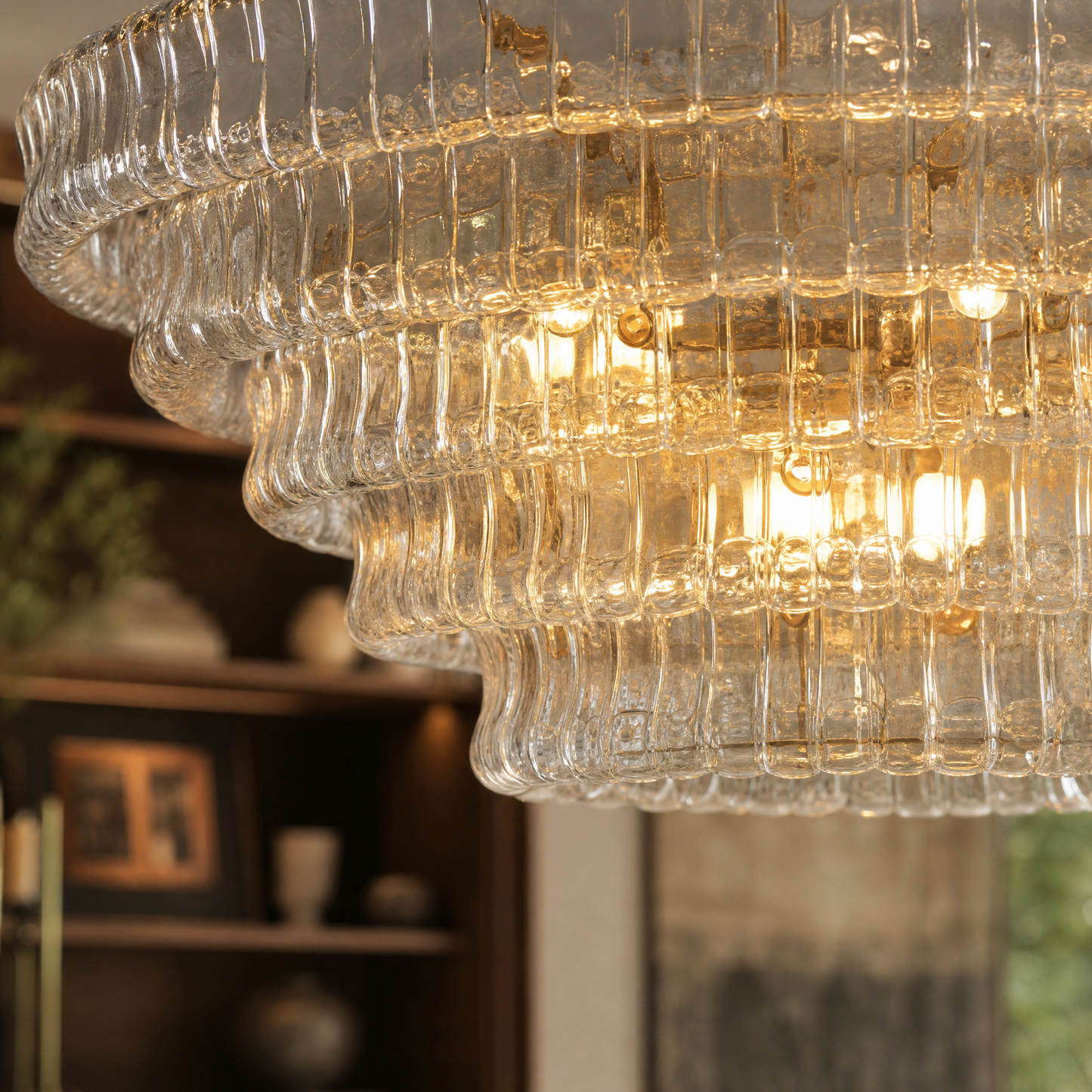 Tiered Glass Chandelier in a entryway