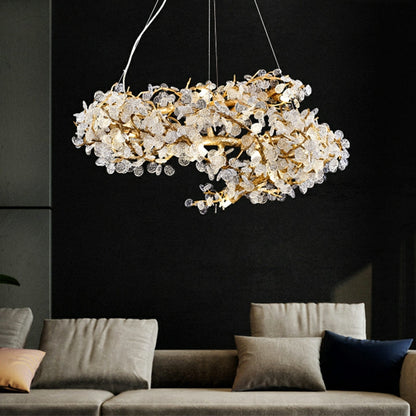 Brass Branch Chandelier with Crystal Leaf Accents Elegant Style for Living or Bedroom Decor