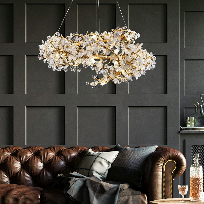 Brass Branch Chandelier with Crystal Leaf Accents Elegant Style for Living or Bedroom Decor
