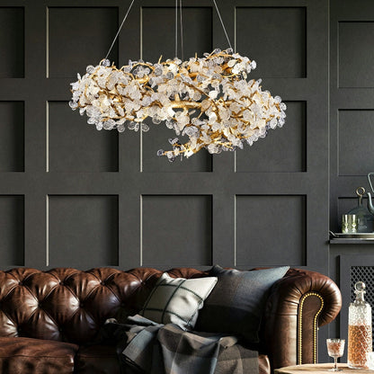 Brass Branch Chandelier with Crystal Leaf Accents Elegant Style for Living or Bedroom Decor