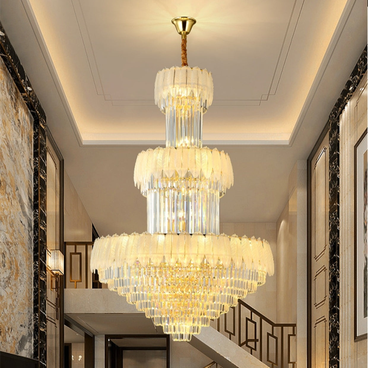 Extra Large Crystal Feather Style Chandelier Long Foyer Staircase Ceiling Lighting Fixture For Living Room