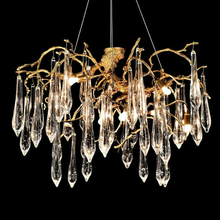 Branch Crystal Drops Chandelier in French Style with Copper Gold Finish for Dining and Living Room Ceiling