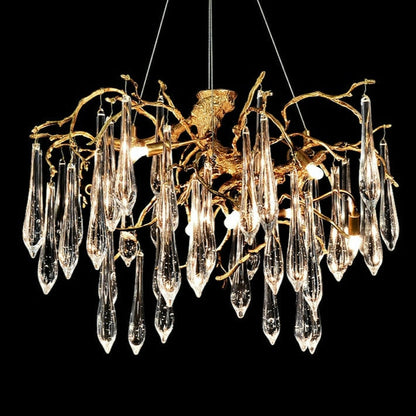 Branch Crystal Drops Chandelier in French Style with Copper Gold Finish for Dining and Living Room Ceiling