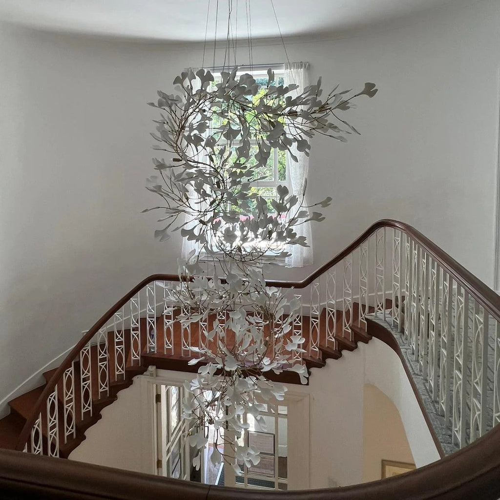 Artistic Tree Branch Pendant Light with Ceramic Ginkgo Leaves for High Ceilings in Hotel or Home