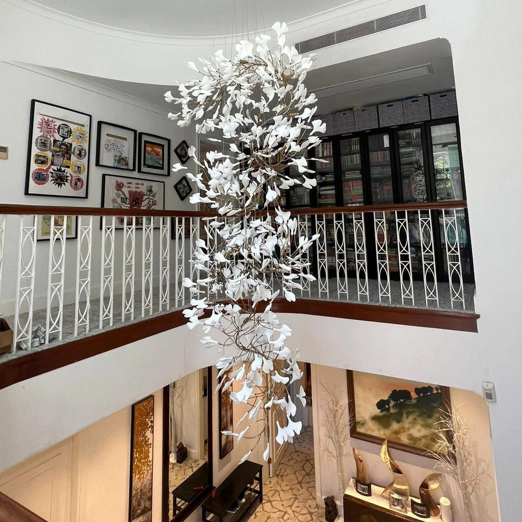 Artistic Tree Branch Pendant Light with Ceramic Ginkgo Leaves for High Ceilings in Hotel or Home