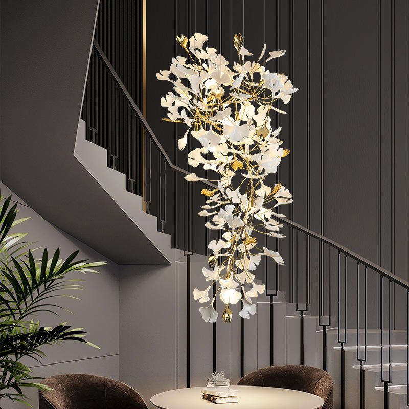 TLL Ginkgo Cascading A Branch Chandelier in Staircase