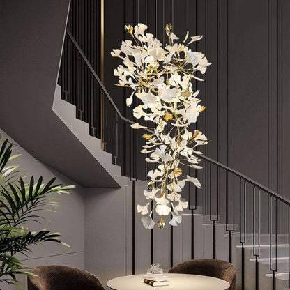 TLL Ginkgo Cascading A Branch Chandelier in Staircase