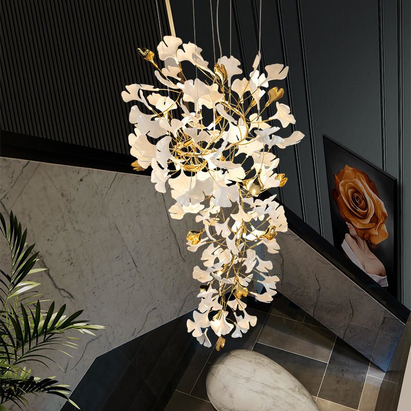 TLL Ginkgo Cascading A Branch Chandelier in Staircase