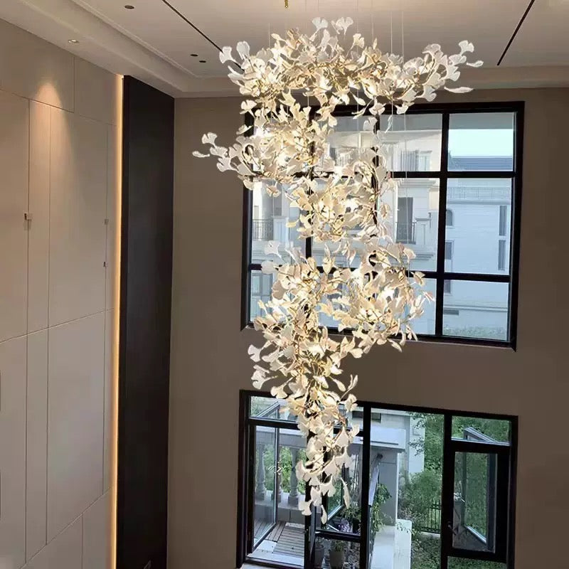 24 Light Gold Chandelier, Luxury Ginkgo Branch Chandelier for Staircase