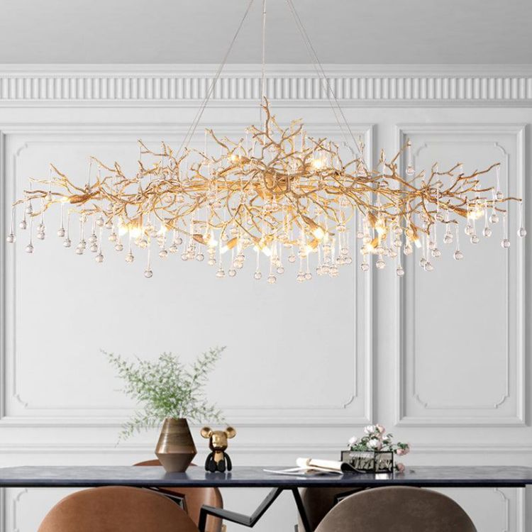 TLL Arcadia Clear Teardrop Oval Dining Branch Chandelier, Brass Branch Chandelier