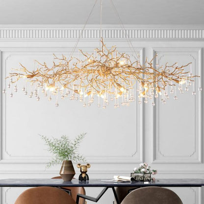 TLL Arcadia Clear Teardrop Oval Dining Branch Chandelier, Brass Branch Chandelier