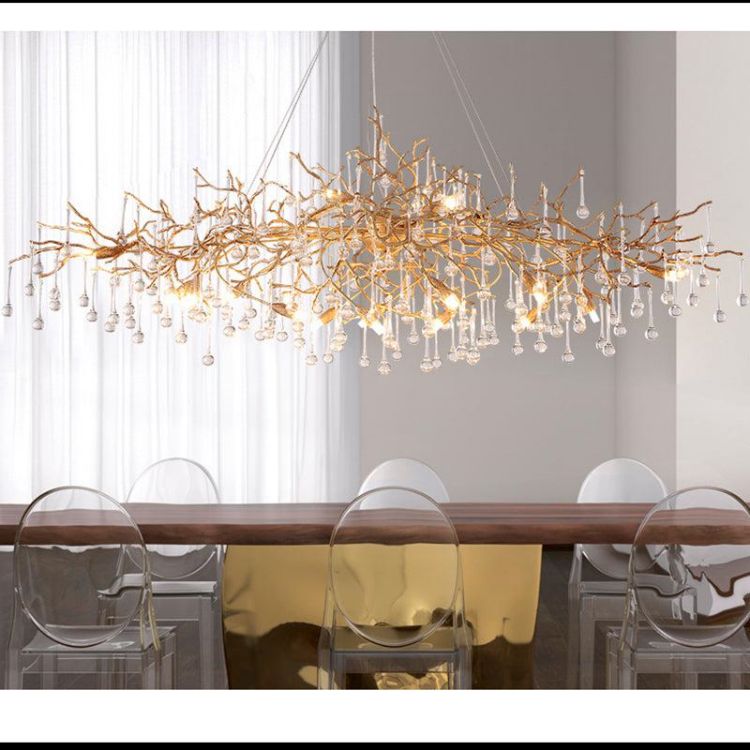 TLL Arcadia Clear Teardrop Oval Dining Branch Chandelier, Brass Branch Chandelier
