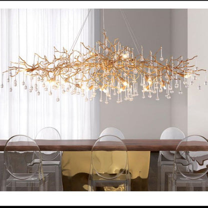 TLL Arcadia Clear Teardrop Oval Dining Branch Chandelier, Brass Branch Chandelier