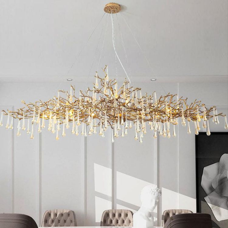 TLL Arcadia Clear Teardrop Oval Dining Branch Chandelier, Brass Branch Chandelier