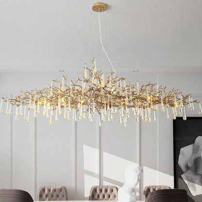 TLL Arcadia Clear Teardrop Oval Dining Branch Chandelier, Brass Branch Chandelier