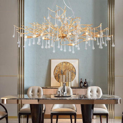 TLL Arcadia Clear Teardrop Oval Dining Branch Chandelier, Brass Branch Chandelier