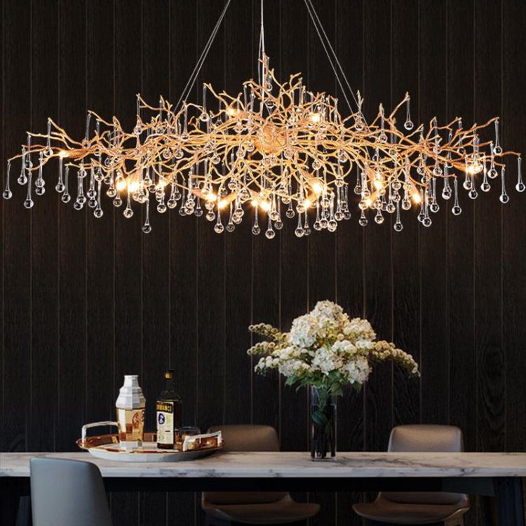 TLL Arcadia Clear Teardrop Oval Dining Branch Chandelier, Brass Branch Chandelier