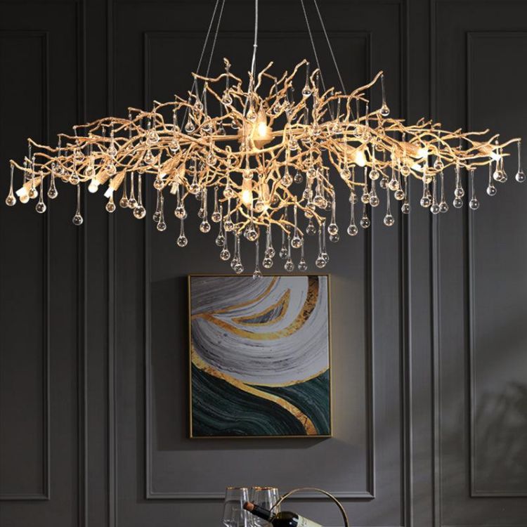 TLL Arcadia Clear Teardrop Oval Dining Branch Chandelier, Brass Branch Chandelier