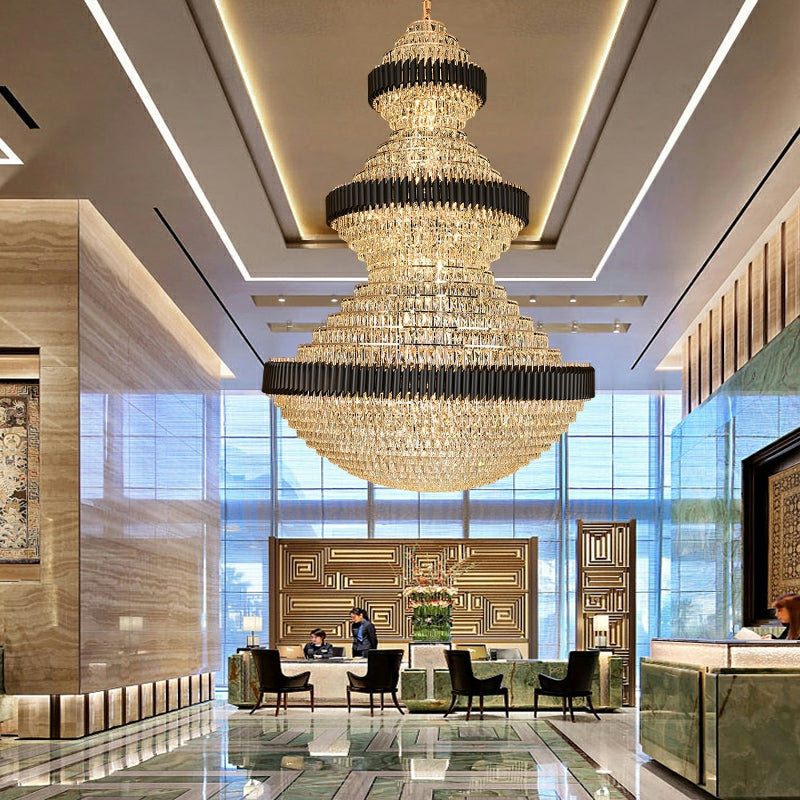 Modern Black Iron Crystal Chandelier For Foyer Staircase Luxurious Design Ceiling Light Fixture