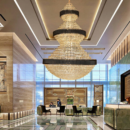 Modern Black Iron Crystal Chandelier For Foyer Staircase Luxurious Design Ceiling Light Fixture