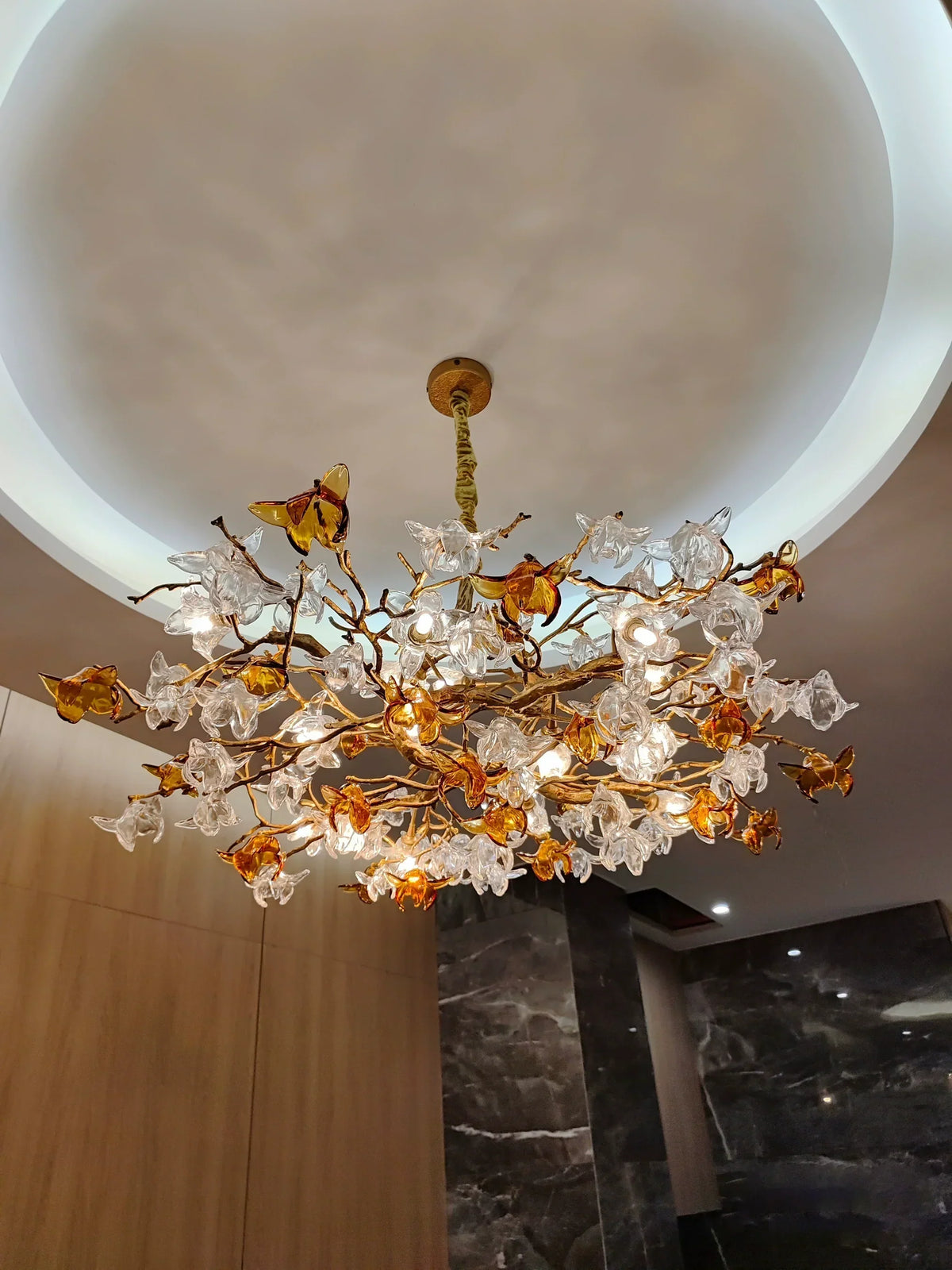 Designer Favorite Brass Branch Chandelier with Artistic Flower Glass for Dining Room Living Room and Kitchen Island