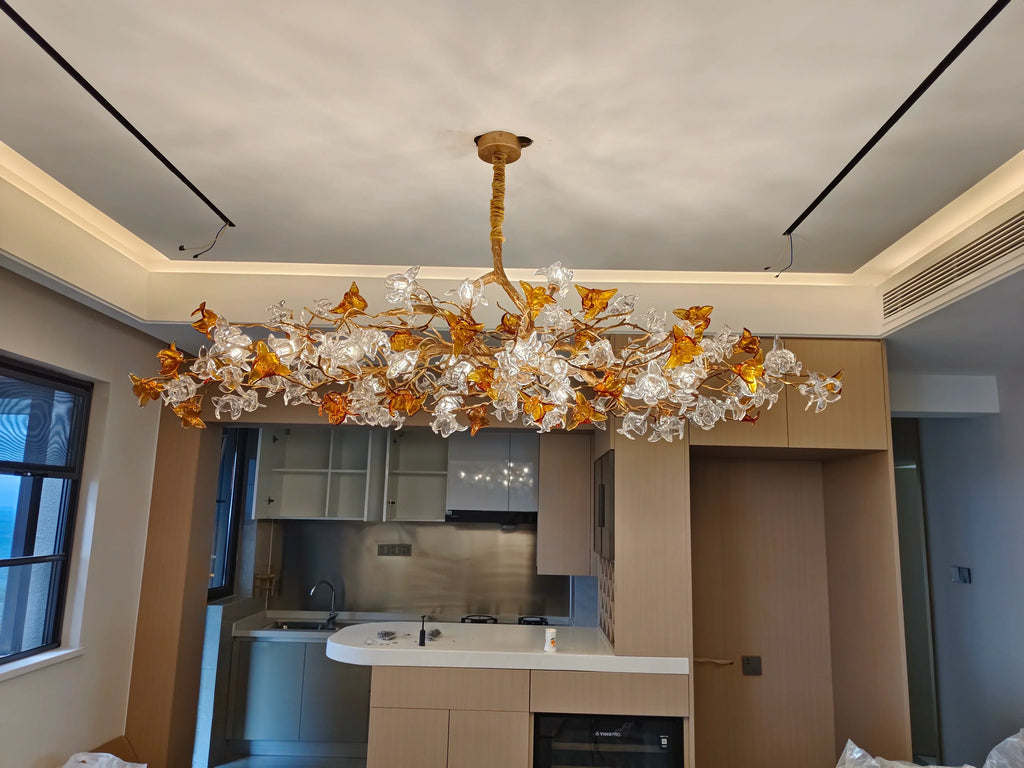 Designer Favorite Brass Branch Chandelier with Artistic Flower Glass for Dining Room Living Room and Kitchen Island