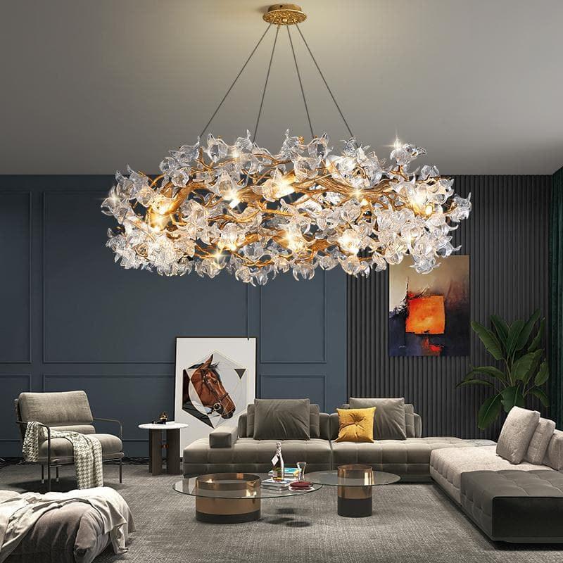 Modern Petal Crystal Round Brass Branch Chandelier