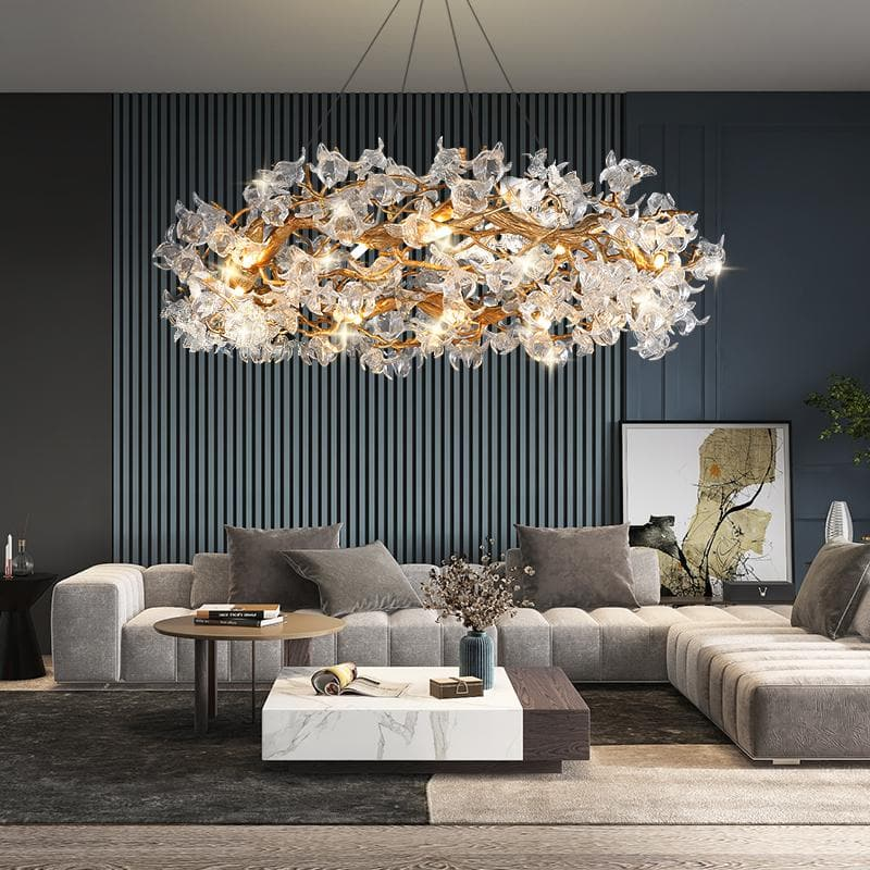 Modern Petal Crystal Round Brass Branch Chandelier