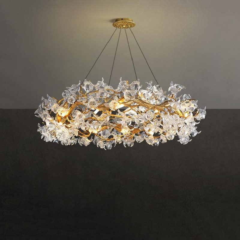 Modern Petal Crystal Round Brass Branch Chandelier
